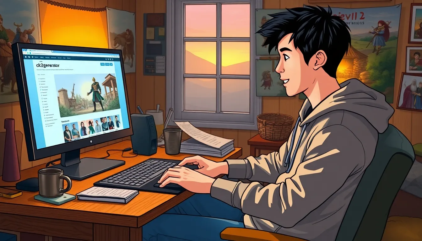 a young man engaging with the r/ck2generator subreddit in a cozy room.