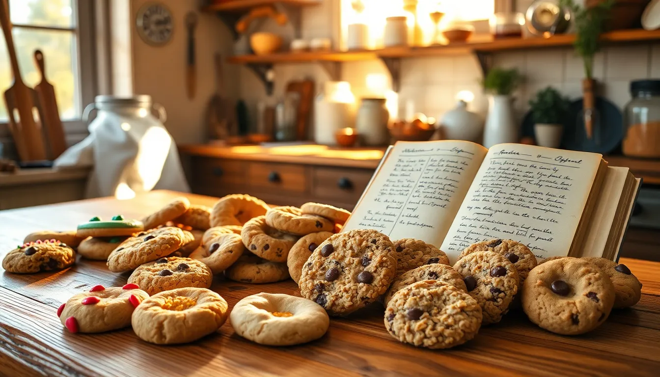 A home kitchen with assorted cookies and a vintage recipe book.